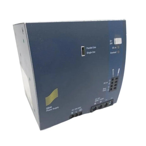 Heavy Duty DIN Rail Switching Power Supply 24V DC Output With Wide 100 To 240V AC Input shown from the side, labels and ports visible.