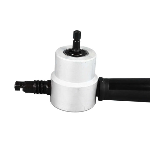 Double Head Sheet Metal Cutter with 360 Degree Nibbler Drill Attachment, durable alloy build, close-up of cutting head.