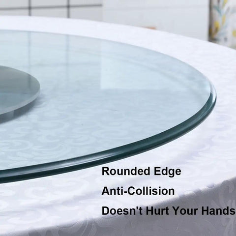 Heavy Duty 43 Inch Lazy Susan Turntable Crafted From Ultra Thick Tempered Glass With Rock Solid Aluminum Base showing rounded edge for safety.