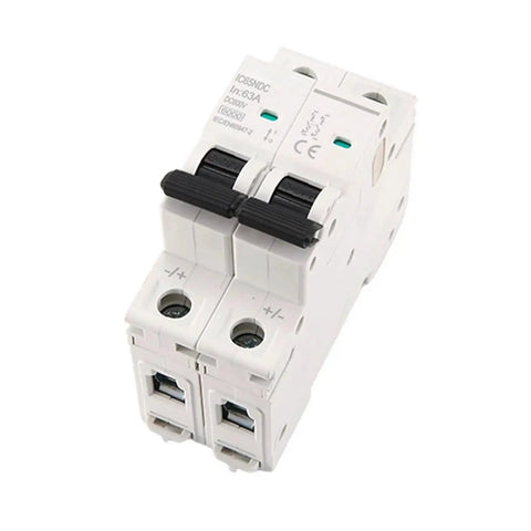 Heavy Duty 2P DC Mini Circuit Breaker Rated 600V With Amp Options 16A To 63A For Solar PV Systems, compact design with clear on/off lever.