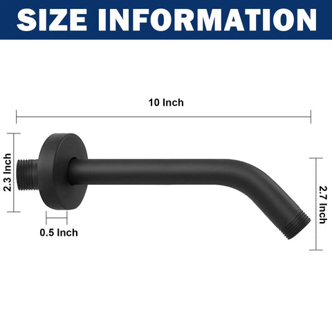 Matte Black 10 Inch Shower Arm With Flange, 304 Stainless Steel Extension Pipe, size guide showing length and diameter.