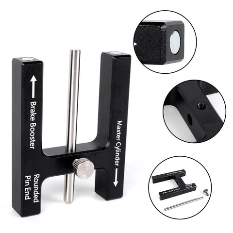 BARTOO brake booster/push-rod adjustment tool, black aluminum U-shaped with silver guide rod and knurled knob.