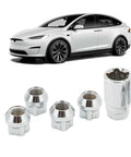 Anu Stainless Steel Cone Seat Wheel Locks For Tesla Model 3 Y S X, Secure M14 X 1.5 Anti Theft Lug Nuts Kit, Durable Silver 5 Pc Set with key tool and Tesla Model Y