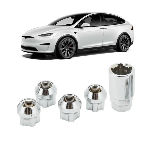 Anu Stainless Steel Cone Seat Wheel Locks For Tesla Model 3 Y S X, Secure M14 X 1.5 Anti Theft Lug Nuts Kit, Durable Silver 5 Pc Set with key tool and Tesla Model Y
