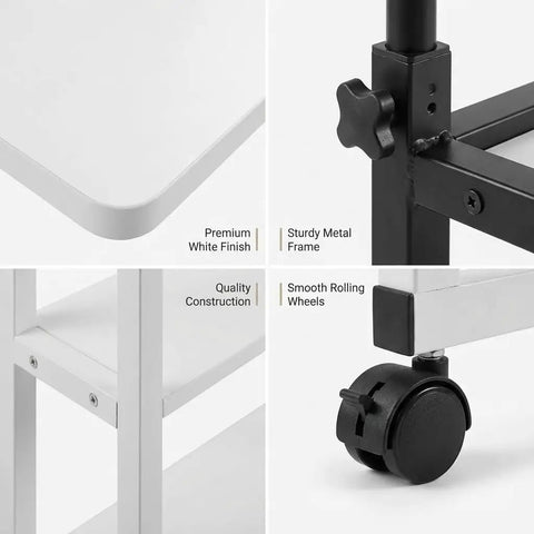 Height Adjustable Standing Desk With Rock Solid Swivel Casters And Sturdy Mobile Computer Workstation cranks up and down easily, showing premium white finish and sturdy metal frame.