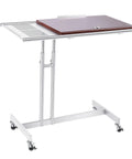 Compact Solid Wood Standing Desk With Heavy Duty Rollers And Adjustable Tilting Top Rock Solid Mobile Workstation For Home Office Or Laptop Setup No Fuss Slick Design, showing the sleek wooden top and four caster wheels.