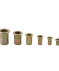 Top Tier 150 Pc Rivet Nut Assortment Kit featuring Zinc Plated Carbon Steel Threaded Insert Nuts For Heavy Duty Automotive Sheet Metal Repair And Fabrication Projects With M3-10 Sizes Perfect For Pros And DIYers Alike To Get The Job Done Right. six zinc plated carbon steel rivet nuts in M3 to M10 sizes