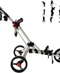 Top Shelf Foldable Golf Push Cart With Three Slick Rolling Wheels And Adjustable Handle Console showcasing the sturdy white frame and adjustable features.
