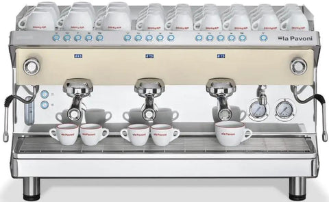 Three Group Espresso Machine With Digital Display Programmable Dosing And Pressure Gauges In White For Busy Cafes Hotels And Restaurants A High Volume Pro Grade Coffee Station