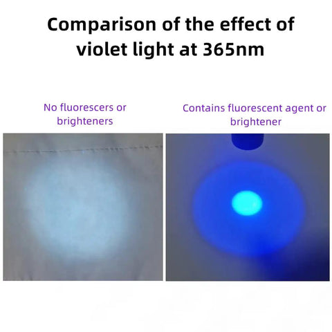 Comparison of Ultra Portable 3W UV Flashlight 365nm Mini Black Light effect on surfaces with and without brighteners