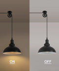 Side-by-side view of an Industrial Plug In Pendant Light With 19.5 Foot Cord And On Off Switch Retro Barn Bronze Dome Ceiling Fixture for Farmhouse Kitchen Island Living Room 2 Pack Cool Dining Room Vibe Ready, shown on and off.