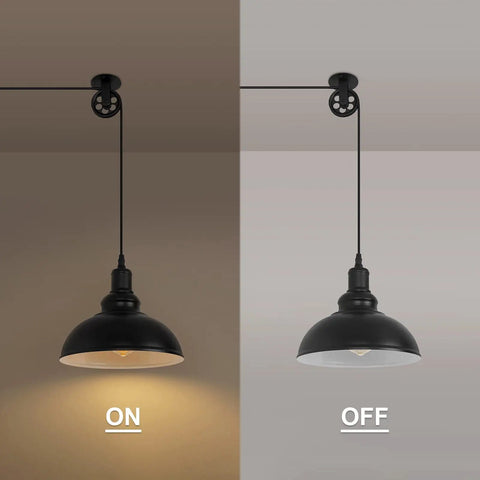 Side-by-side view of an Industrial Plug In Pendant Light With 19.5 Foot Cord And On Off Switch Retro Barn Bronze Dome Ceiling Fixture for Farmhouse Kitchen Island Living Room 2 Pack Cool Dining Room Vibe Ready, shown on and off.