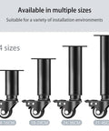 Heavy Duty Adjustable Furniture Legs With Swivel Casters, 4 sizes shown in black, height range 14-45CM, suitable for various installations.