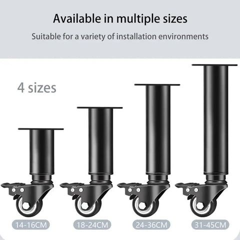 Heavy Duty Adjustable Furniture Legs With Swivel Casters, 4 sizes shown in black, height range 14-45CM, suitable for various installations.