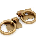 Set Of 4 Vintage Antique Bronze Ring Pulls In Pure Solid Brass Four Leaf Clover Base Retro Cabinet Hardware shown in close-up view.
