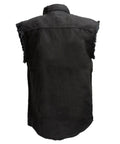 Back view of Men's Black Lightweight Denim Shirt With Frayed Cut Off Sleeves Sleeveless Button Down Breathable Cotton Blend Casual
