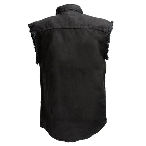 Back view of Men's Black Lightweight Denim Shirt With Frayed Cut Off Sleeves Sleeveless Button Down Breathable Cotton Blend Casual