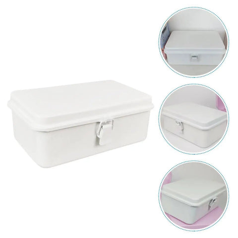 Heavy Duty Vintage White Metal Toolbox Featuring A Tight Snap Shut Locking Latch Tin Storage Case For Everyday Gear And Art Supplies Classic Secure Organizer Trunk in white with snap latch, viewed from the side.