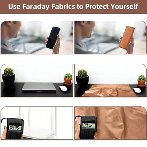 Real Talk Copper Faraday Fabric For EMI Shielding Gold Color Blocking Cloth shows demonstration of RF protection in use