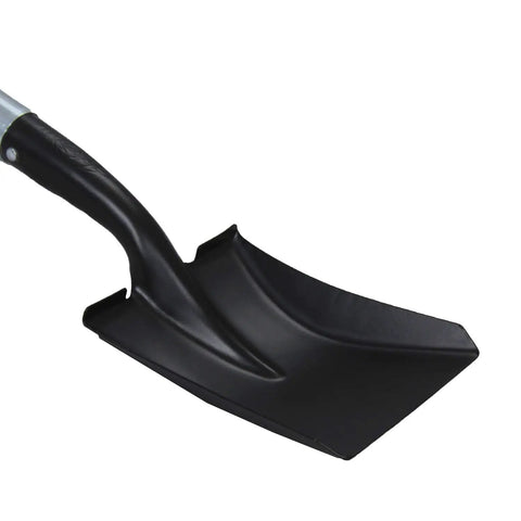 Medium Square Shovel With D Cup Handle 27 Inch Length Durable Build Comfortable Grip For Gardening Landscaping Snow Removal And Light Construction Tools 1 Pack Workhorse Shovel, close-up of black steel blade with D-cup grip handle