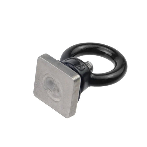 Badass M6 T Track Bolts With Killer Eye Nuts For Heavy Duty Roof Rack Builds Black Finish 304 Stainless Steel Tough Cargo Tie Down Universal Hardware Pack Of Four Black square eye nut with round black ring for cargo securement.