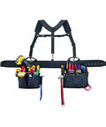 Front view of Electrician's Comfort Lift Combo Tool Belt With 28 Pockets Even Weight Distribution Easy Carry Handle Pro Grade Construction All Day Comfort With Padded Suspender Straps And Quick Adjust Buckles Black with tools.