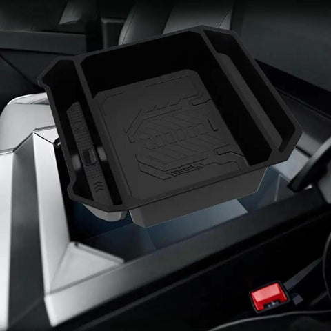 Sleek Center Console Armrest Organizer And Comfy Cushion Cover For Tesla Cybertruck 2024 Ride Upgrade with non-slip silicone storage tray.