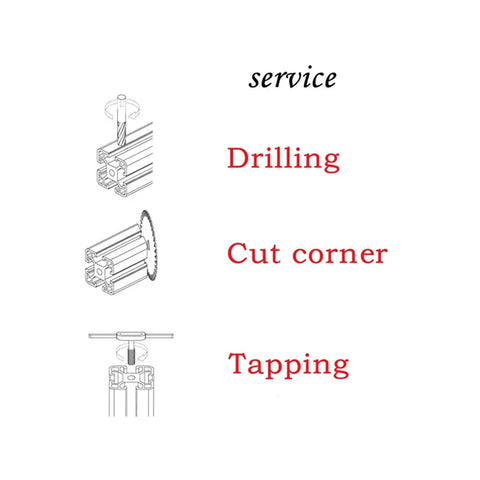 Illustration showing services for Super Durable T-Slot Aluminum Extrusion Profile Bar for Custom 3D Printer Frames: drilling, cutting corners, tapping.