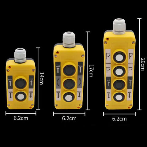 Weatherproof Electric Hoist Crane Push Button Switch Up Down Driving 3 Button Control For Industrial Lifts with ABS frame, sizes 14-20cm.