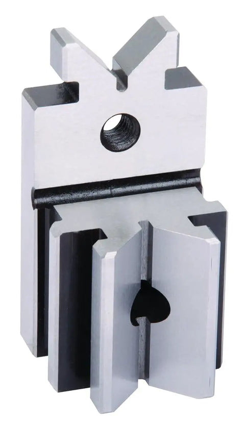 Hardened Steel Multi Use Vee Block And Clamp Set With Precision Ground Finish For Pro Machinists Central Ground V Groove Pin Removal Hole And Four Three Eighths Inch 16 Tapped Holes, angled clamp view