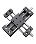Workhorse XY Axis Manual Stage Sliding Table 40x40mm with 50mm max stroke, aluminum 6061, black anodized, smooth travel, knob control.