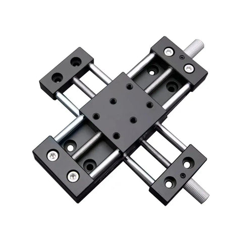 Workhorse XY Axis Manual Stage Sliding Table 40x40mm with 50mm max stroke, aluminum 6061, black anodized, smooth travel, knob control.