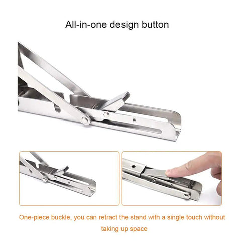 Solid As A Rock Foldable Shelf Brackets Two Pack Stainless Steel showcasing the retractable hinge design for space-saving use.