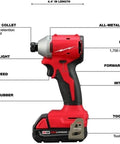 Close-up view of M18 cordless impact driver with brushless motor, showcasing variable speed trigger and LED worklight.