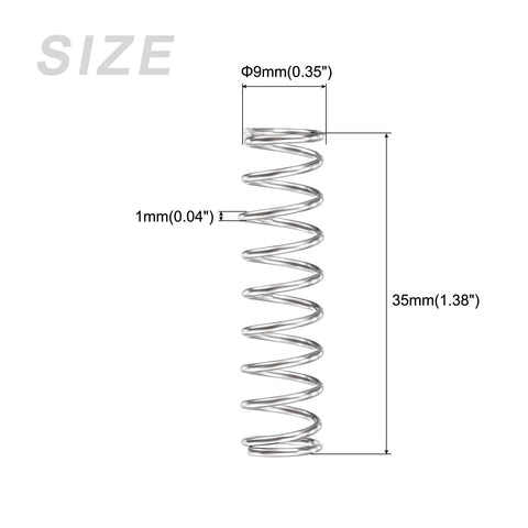 Compression spring, side view, stainless steel, 9 mm OD, 35 mm free length.