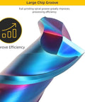 End mill 2-flute solid carbide CNC cutter with iridescent blue finish; close-up of cutting edge