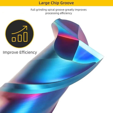Rainbow-coated solid carbide end mill with 2 flutes for CNC slot milling, close-up cutting tip.