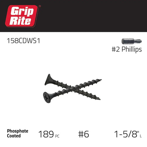Heavy Duty Coarse Thread Drywall Screws With Phosphate Coating For A Boss Finish And Rock Solid Wall Holds Bugle Head Design Kills Stripping During Quick Installations One Pound Bundle Packs 189 Tough Black Fasteners That Nail Any Drywall Setup with #2 Phillips head and rugged design.