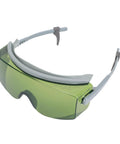 Heavy Duty Laser Safety Glasses With Flexible Arms For Lab Work And Welding Projects Kicking Harsh Uv Rays To The Curb While Shielding Eyes From Bright Blue Light, green-tinted, wraparound design.