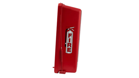 Heavy Duty Outdoor Fire Extinguisher Cabinet Hangs Tough Against Sun And Rain Lock Box Fits Twenty Pound Units Red Wall Mounted Safety Case side view