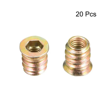 Wood Furniture DIY Friendly Heavy Duty Threaded Insert Nuts M6x13mm Hex Socket Drive Galvanized Carbon Steel 20Pcs For Strong Wood Joints Easy Install Durable Hardware For Cabinets Furniture Making And Repairs. Two nuts showing hex socket drive and threaded exterior.