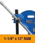 Knockout Workhorse 2 Ton Arbor Press Featuring Five Point Three Eight Inch Throat Opening And Adjustable Slideway For Heavy Metal Stamping And Smooth Daily Shop Grinding Results showing 1-1/4" x 13" ram and lever detail.