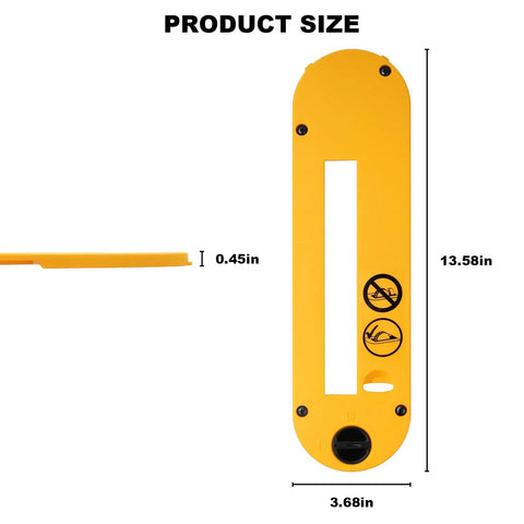 Heavy Duty Universal Dado Throat Plate For 10 Inch Contractor Table Saws, yellow polymer, measures 13.58x3.68x0.45 inches.