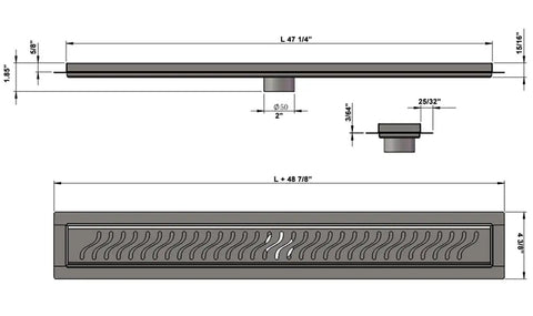 Heavy Duty 47 Inch Linear Shower Drain With Brushed Nickel Finish Solid 304 Stainless Steel Construction Includes Wide Slot Grate dimensions illustration.