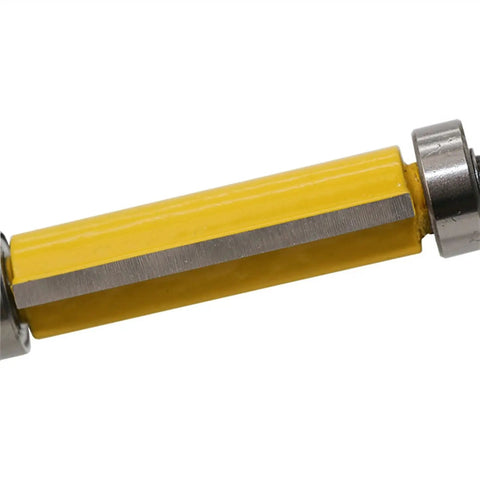 Awesome 1 Inch Wood Router Bit With Top And Bottom Bearings For Smooth Trim Work and template projects, showing yellow carbide tip.