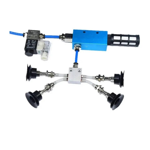 Heavy Duty Black Vacuum Cup Assembly Set With Industrial Manipulator Fittings featuring valves, hoses, and suction cups for robotic use.