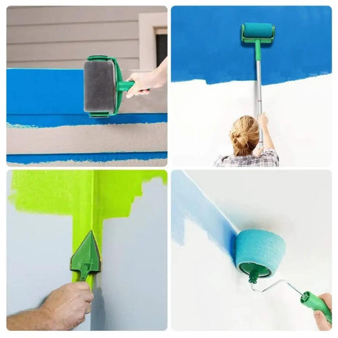 Spill Proof Pour And Paint Roller Kit With Six Piece Set for clean painting on walls, featuring a green roller and edging tool.