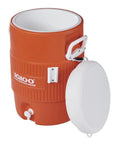 Orange Beverage Jug With White Seat Top Lid And Handles, 5 Gallon Capacity, Portable Hydration Dispenser For Picnics