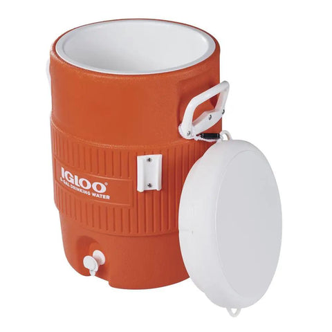 Orange Beverage Jug With White Seat Top Lid And Handles, 5 Gallon Capacity, Portable Hydration Dispenser For Picnics