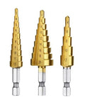 3 Piece Pagoda HSS Titanium Plated Step Drill Bit Set For Metal And Wood Aluminum Stainless Steel Plastic Reaming Cone Bits With Six Point Three Five Millimeter Hex Shank Dope Heavy Duty Tool Kit With Storage Case